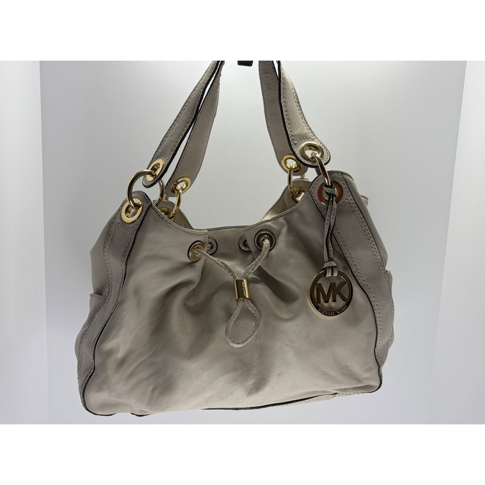 Michael Kors Cream Leather Drawstring Hobo Shoulder Bag Gold Tone Hardware